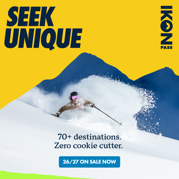 Skier going through fresh snow. Text reads: Seek Unique. 70+ destinations. Zero cookie cutter. CTA: 26/27 On Sale Now
