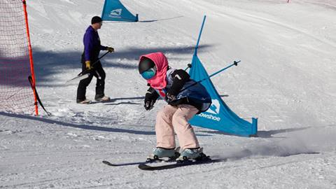 Skiier racing down slope