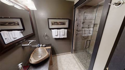 Contemporary bathroom in Pedestal House vacation rental featuring a walk-in shower, vessel sink, and modern fixtures