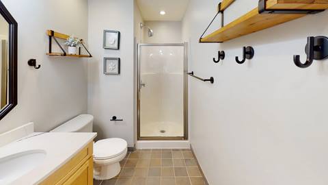 Bathroom interior at Expedition Station lodging, Snowshoe Mountain.