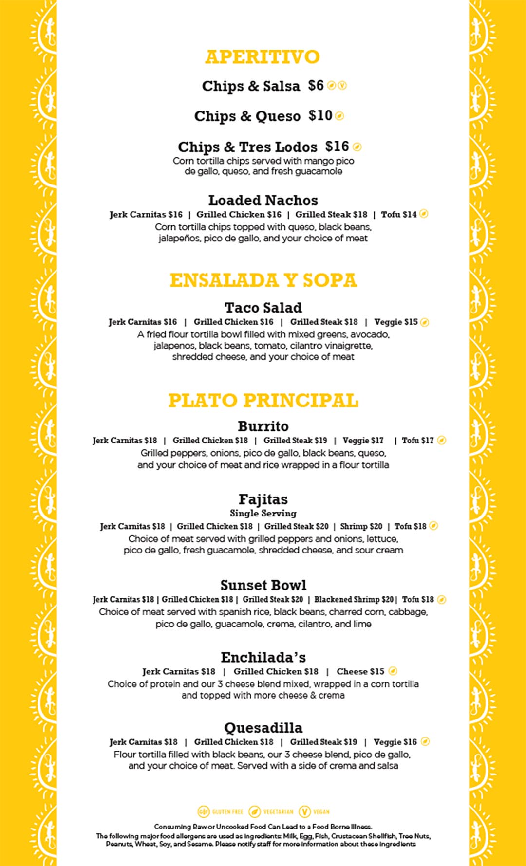 Sunset Cantina restaurant at Snowshoe Mountain Menu