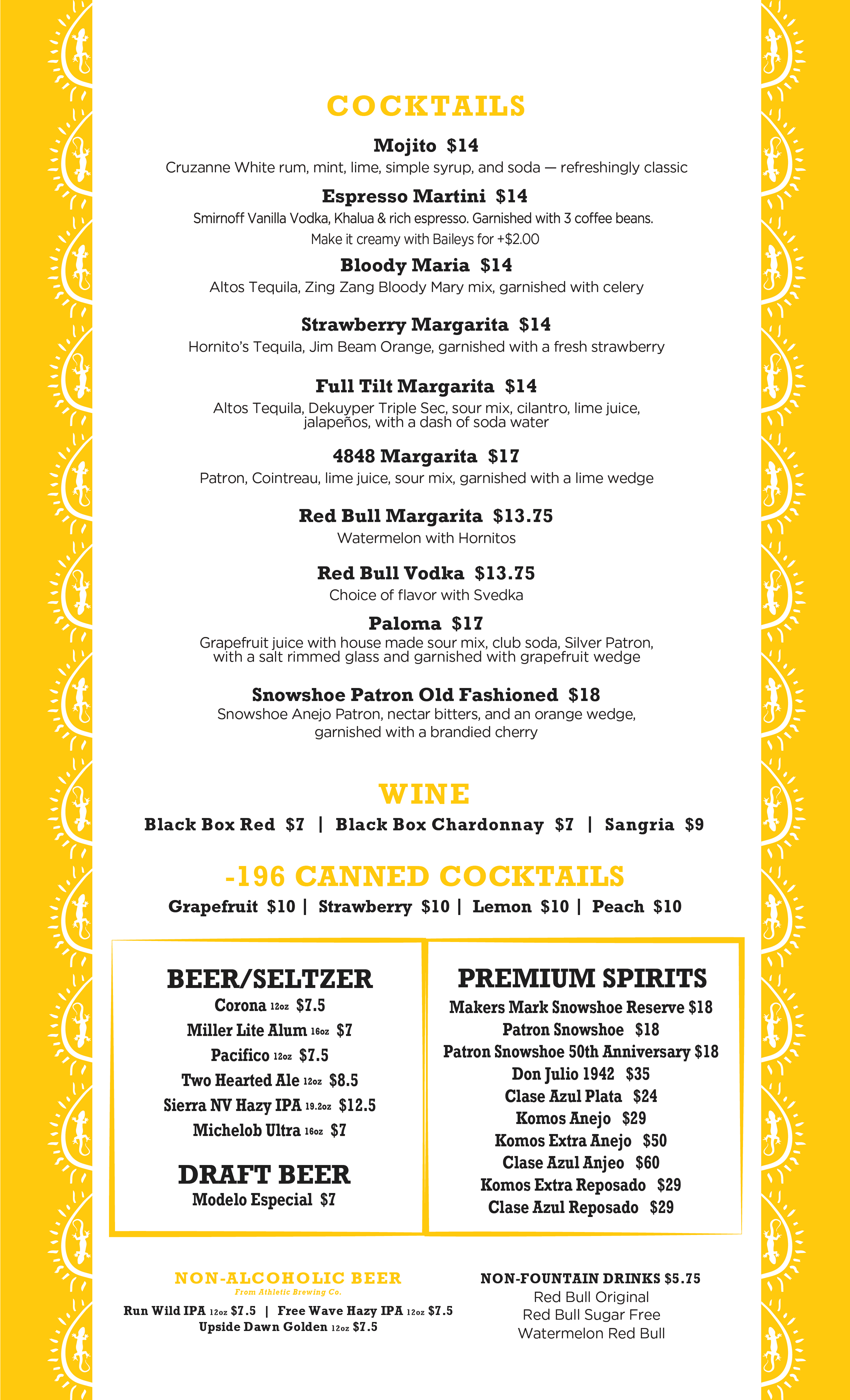 Sunset Cantina Mexican restaurant at Snowshoe Mountain drink menu
