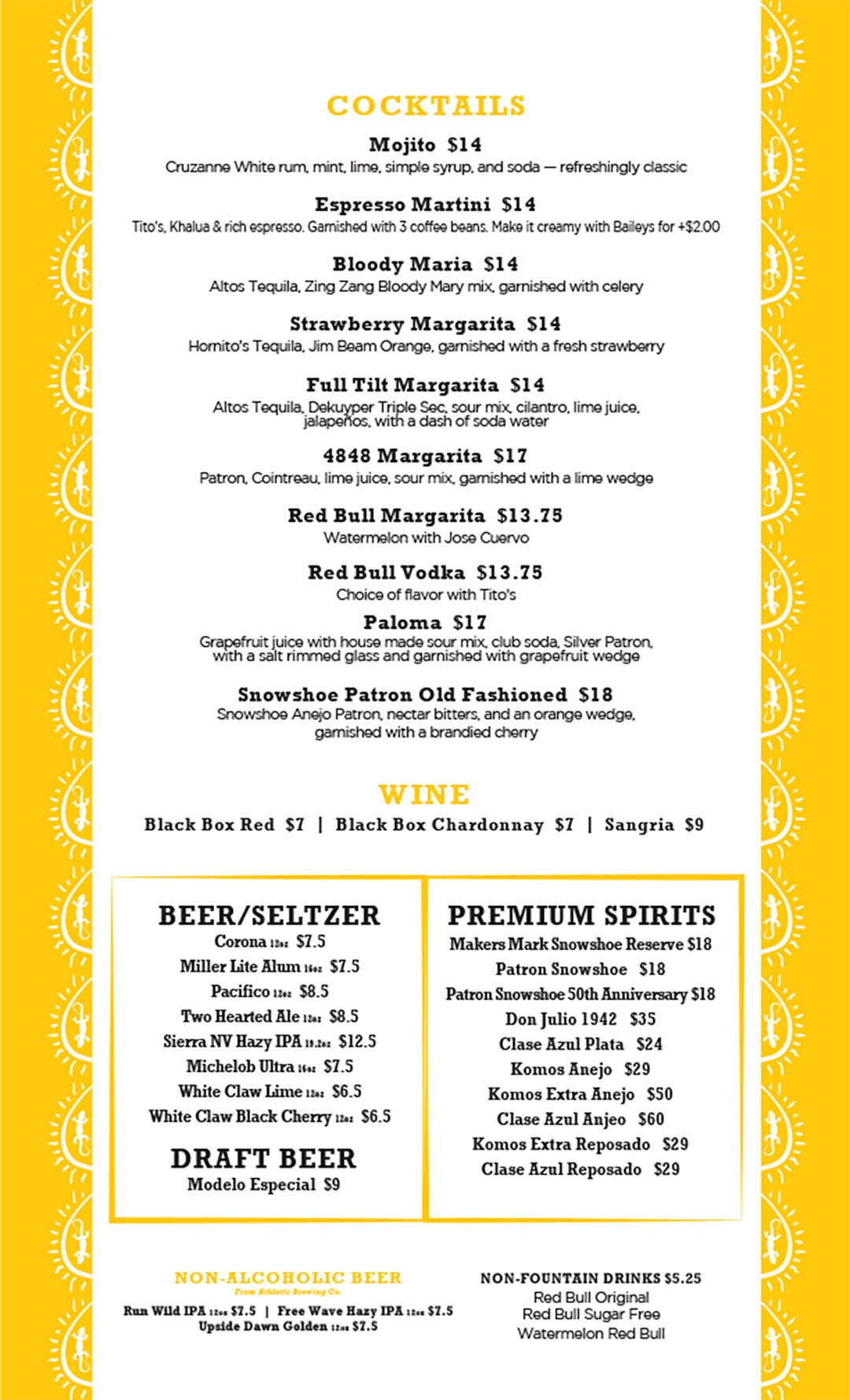 Sunset Cantina Mexican restaurant at Snowshoe Mountain drink menu