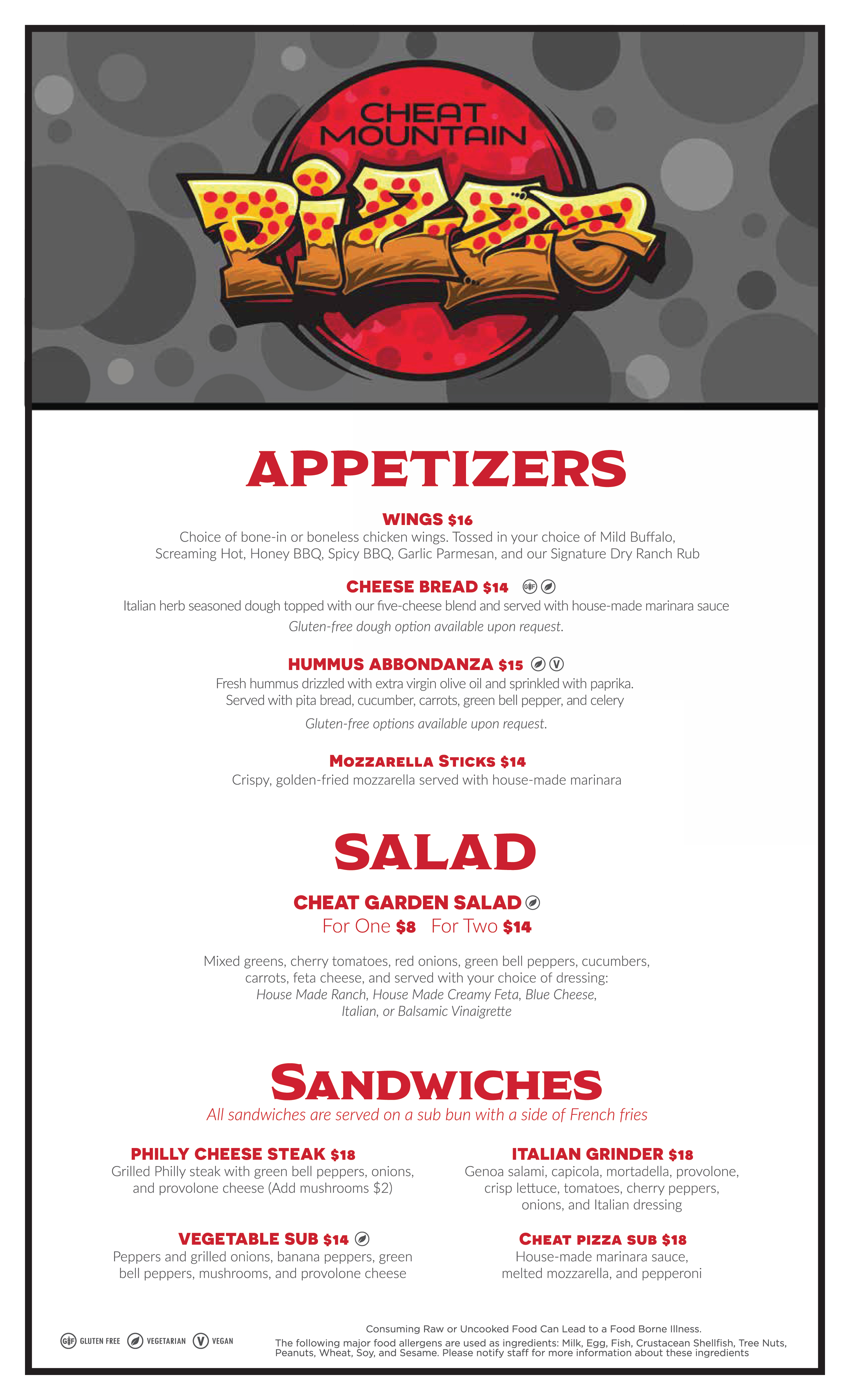 Cheat Mountain Pizza restaurant at Snowshoe appetizer menu