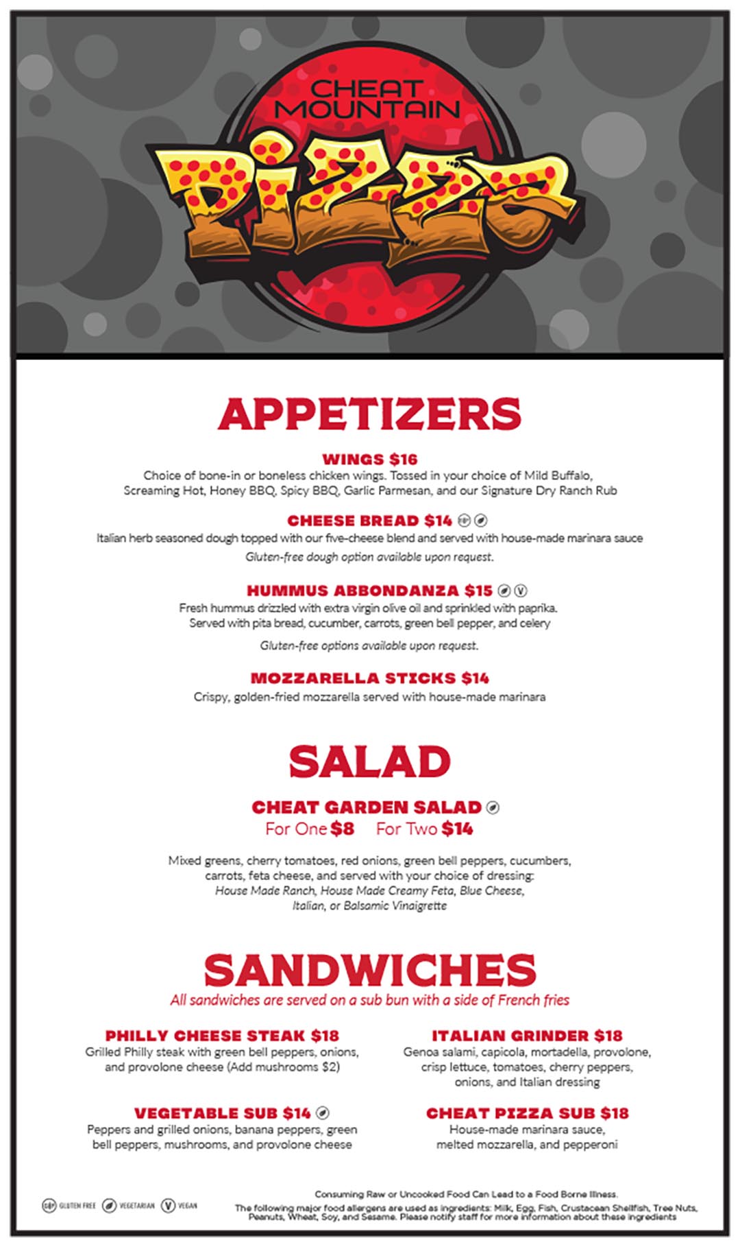 Cheat Mountain Pizza restaurant at Snowshoe appetizer menu
