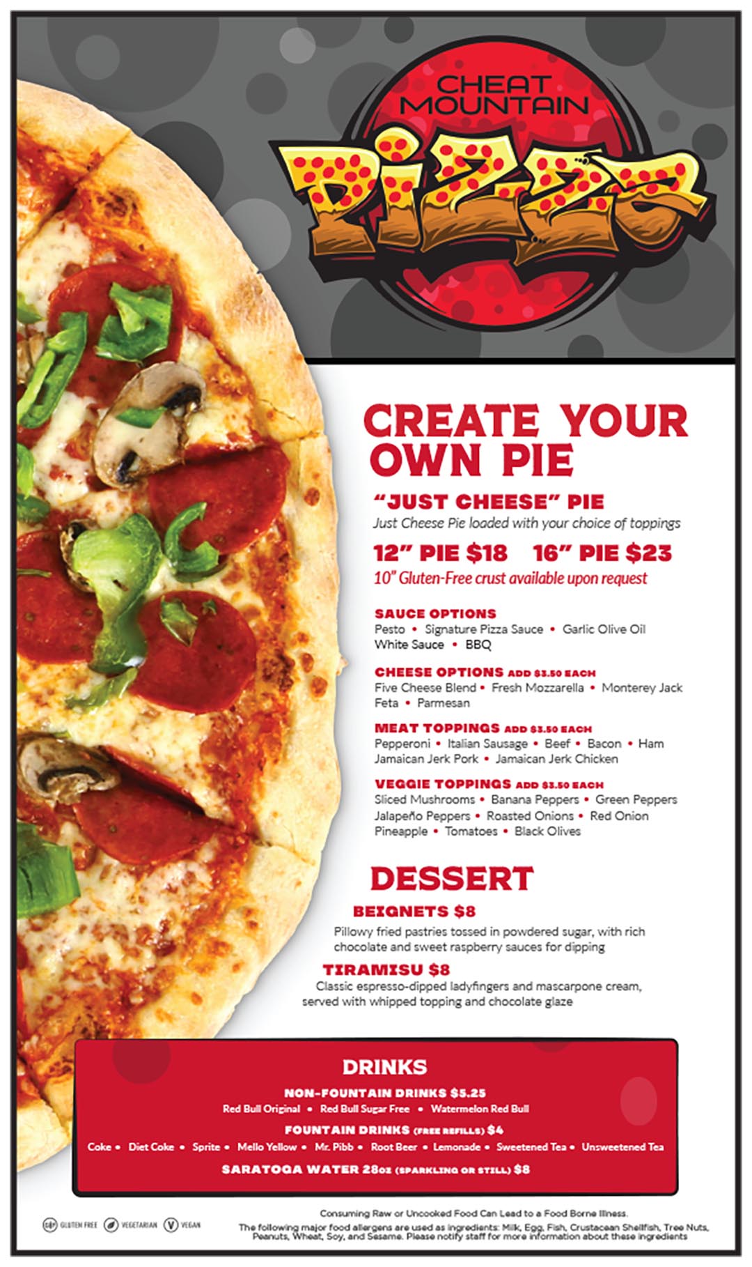 Cheat Mountain Pizza restaurant at Snowshoe custom pizza menu