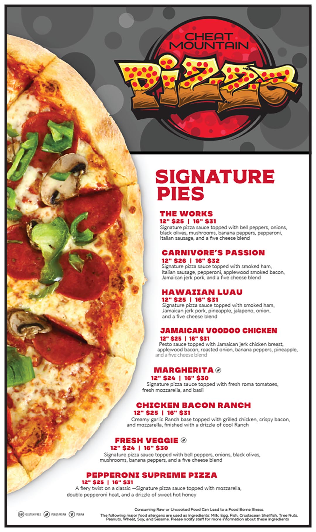 Cheat Mountain Pizza restaurant at Snowshoe Mountain specialty pizza menu
