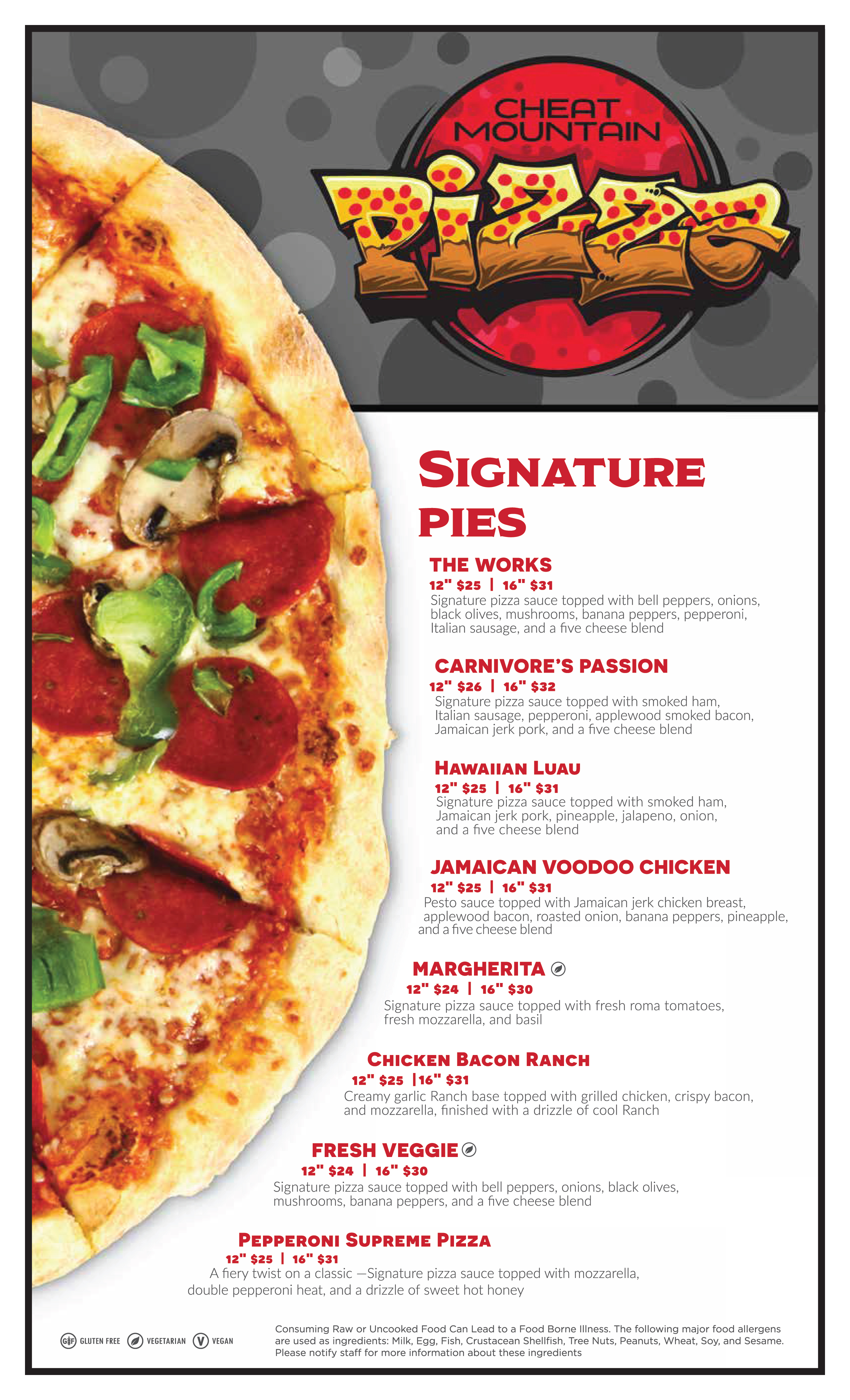 Cheat Mountain Pizza restaurant at Snowshoe Mountain specialty pizza menu