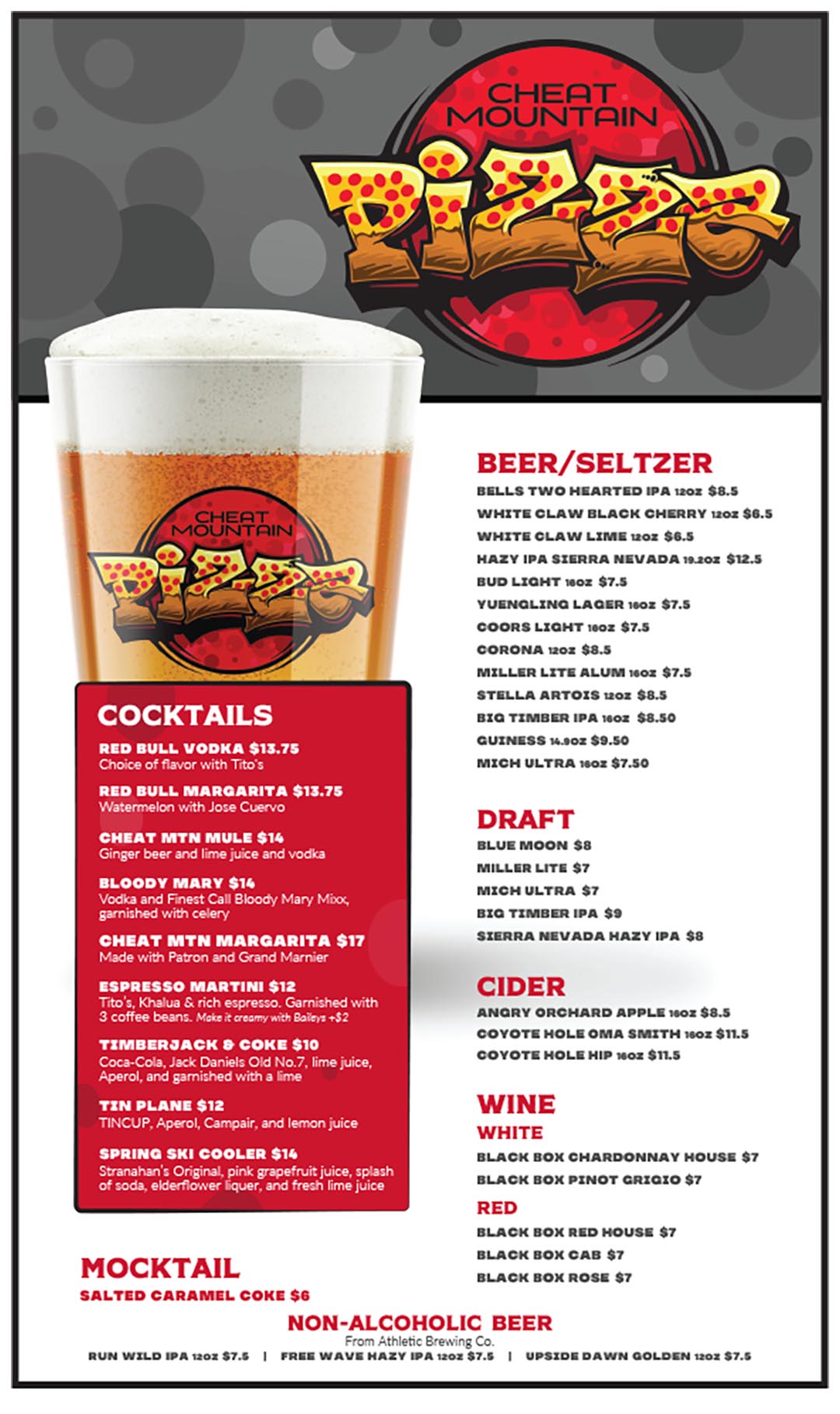 Cheat Mountain Pizza restaurant at Snowshoe Mountain drink menu