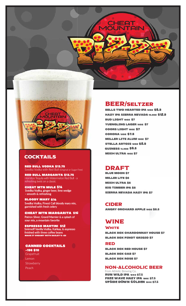 Cheat Mountain Pizza restaurant at Snowshoe Mountain drink menu