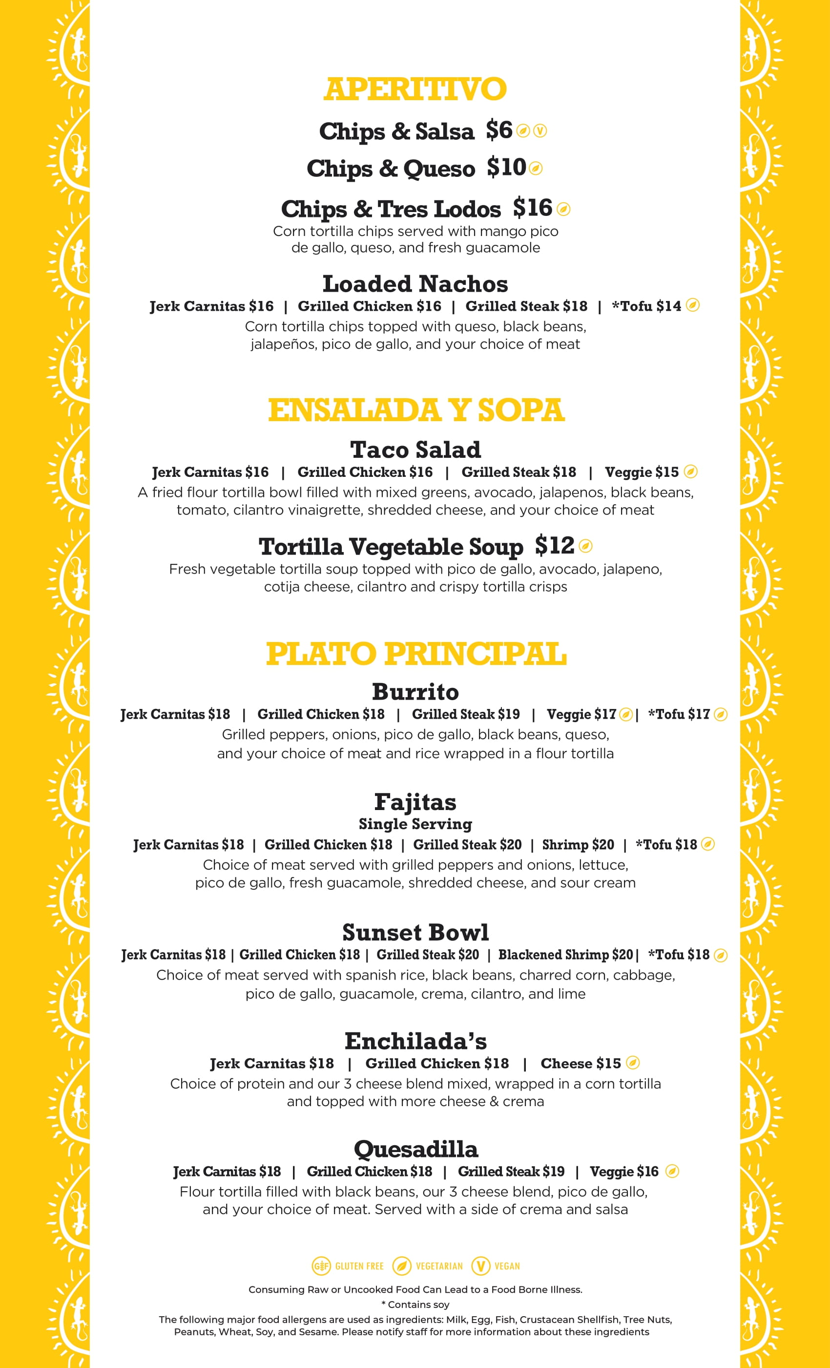 Sunset Cantina restaurant at Snowshoe Mountain Menu