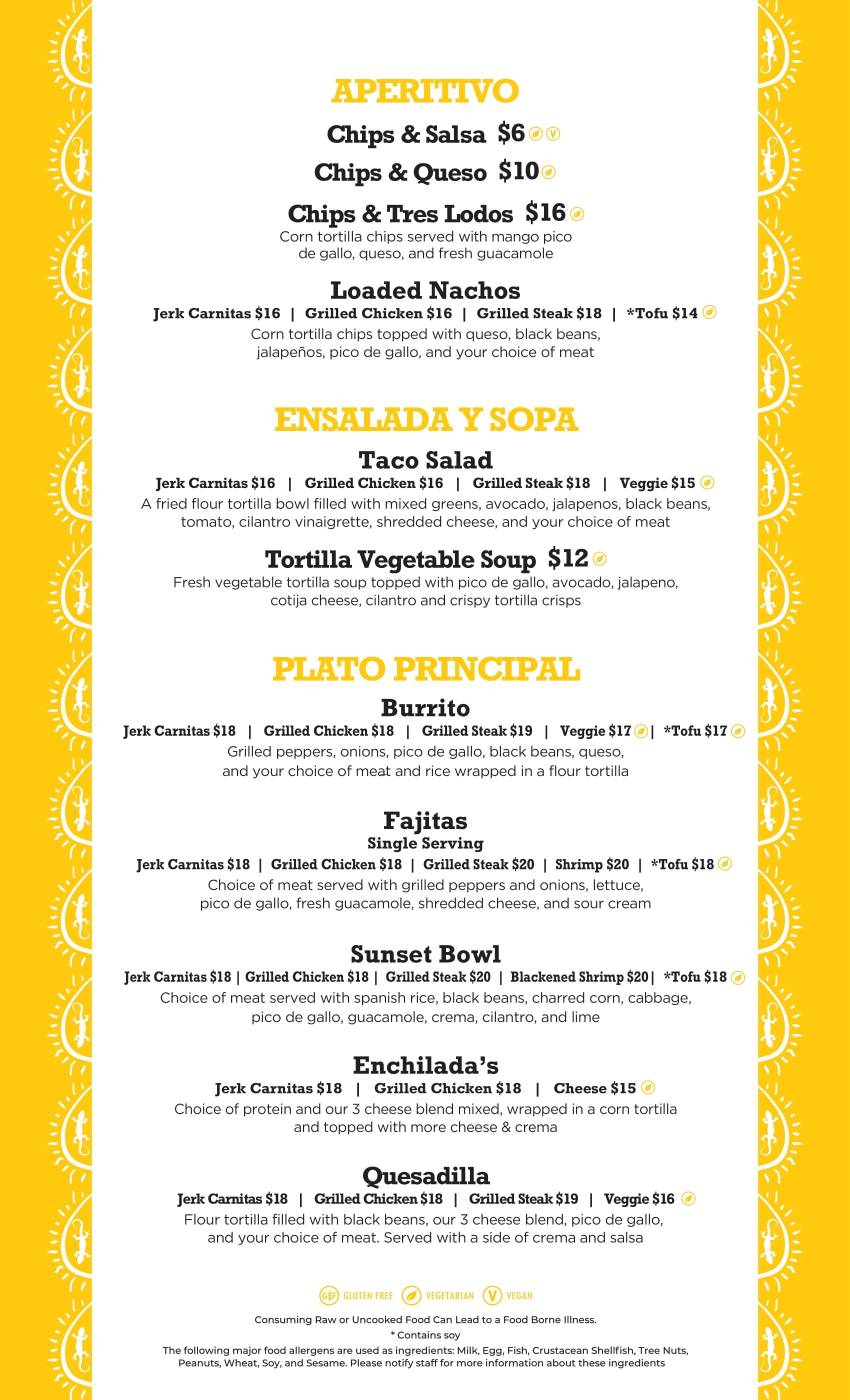 Sunset Cantina restaurant at Snowshoe Mountain Menu