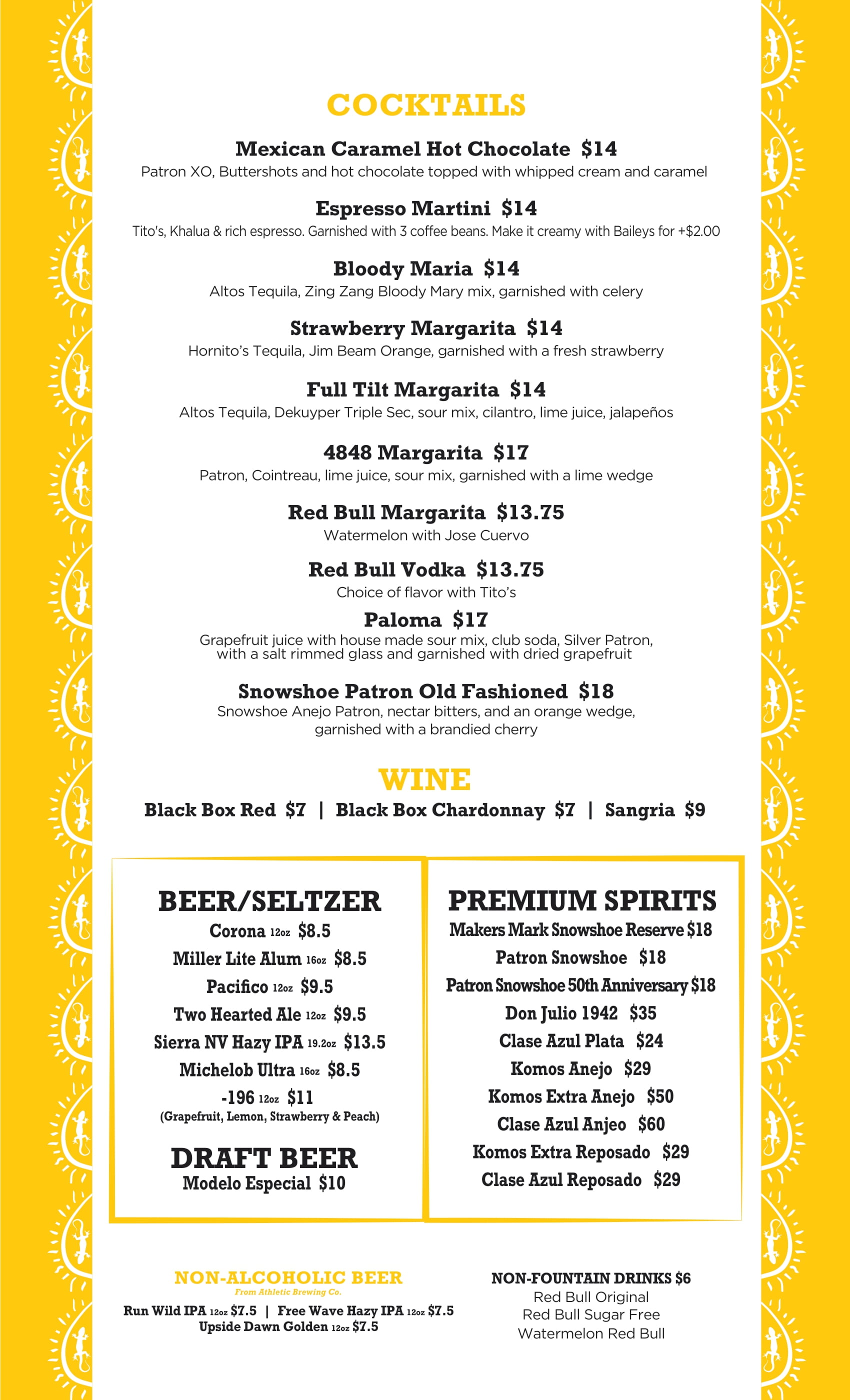 Sunset Cantina Mexican restaurant at Snowshoe Mountain drink menu