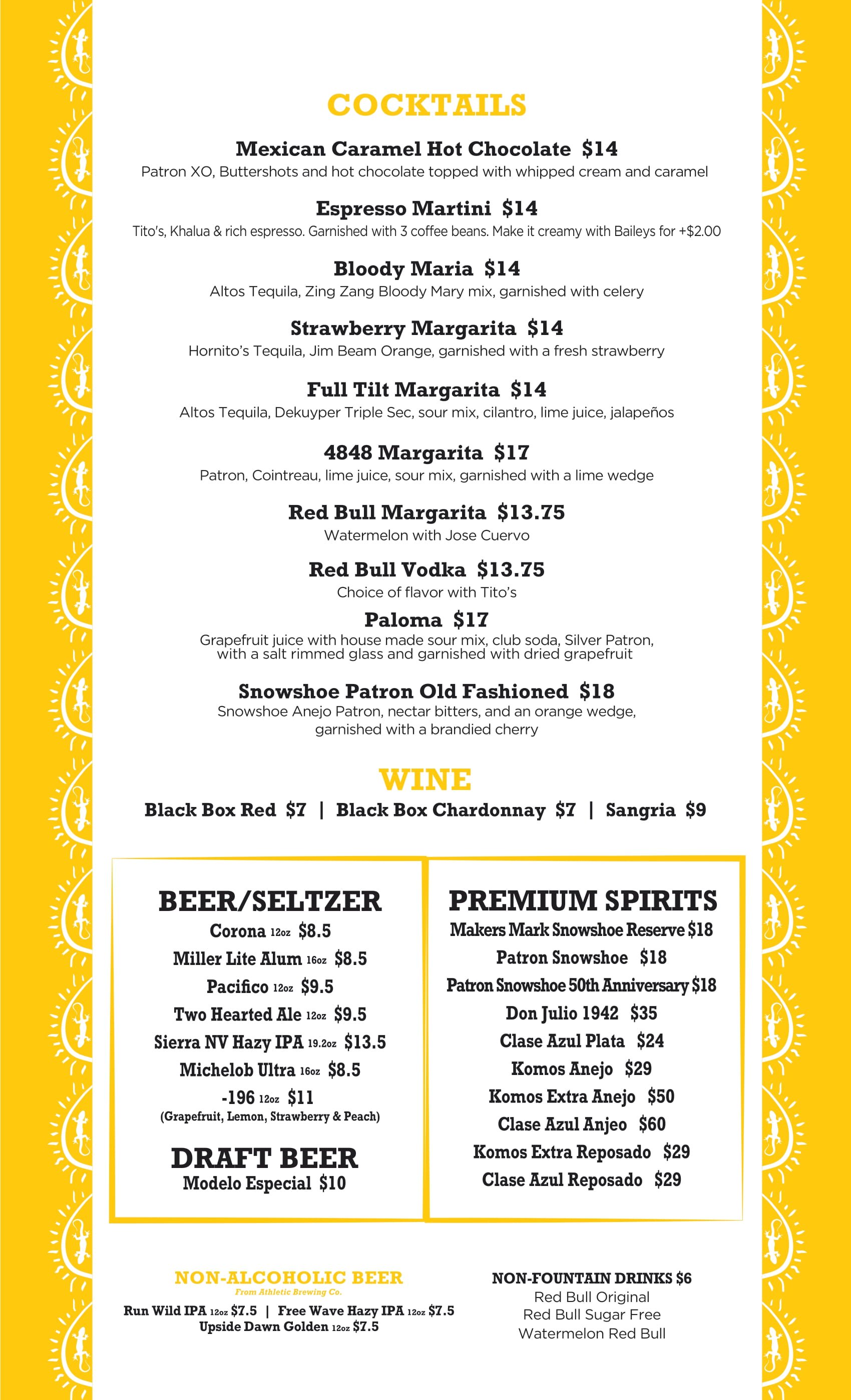 Sunset Cantina Mexican restaurant at Snowshoe Mountain drink menu