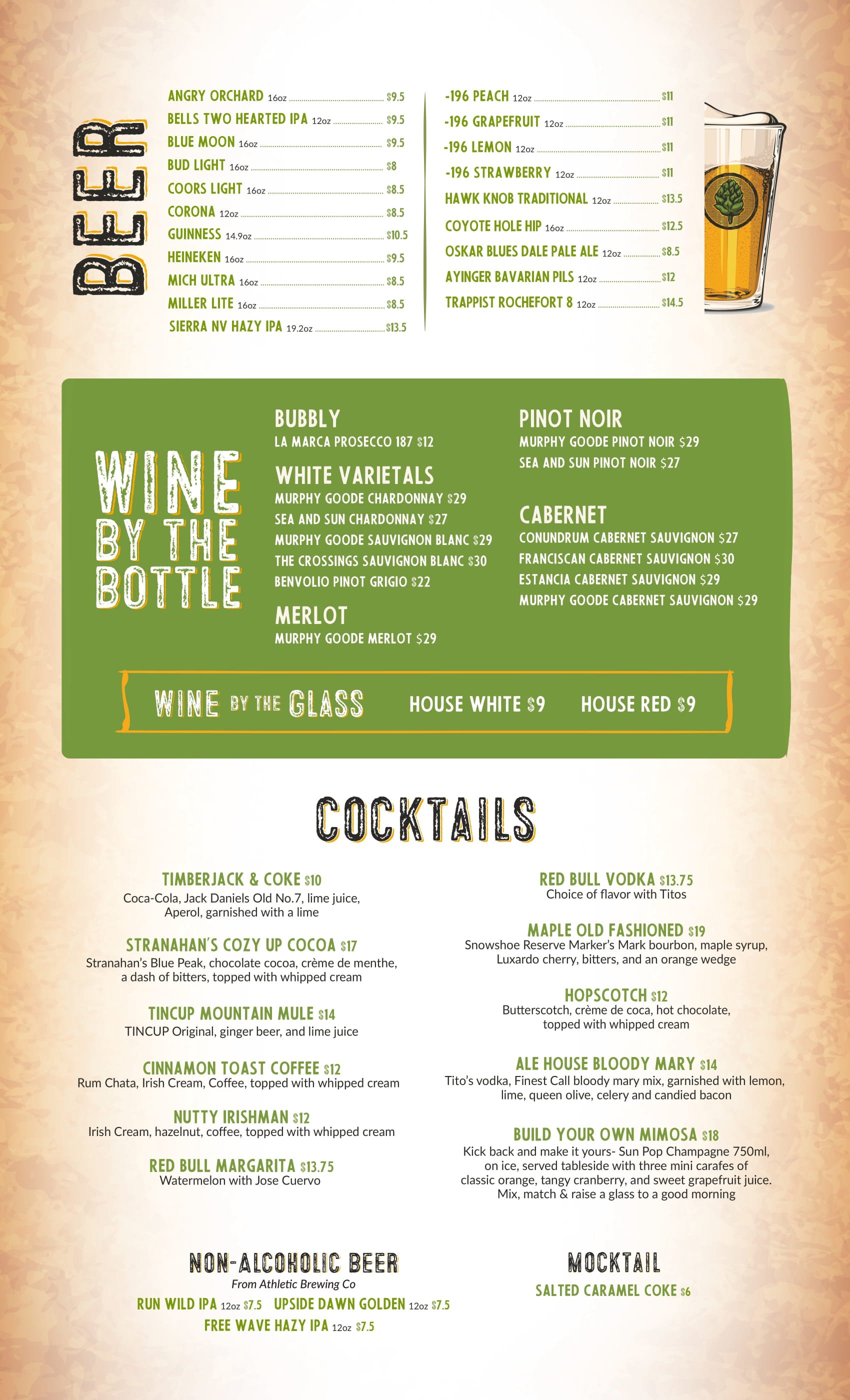 Drink Menu from Junction Ale House at Snowshoe Mountain