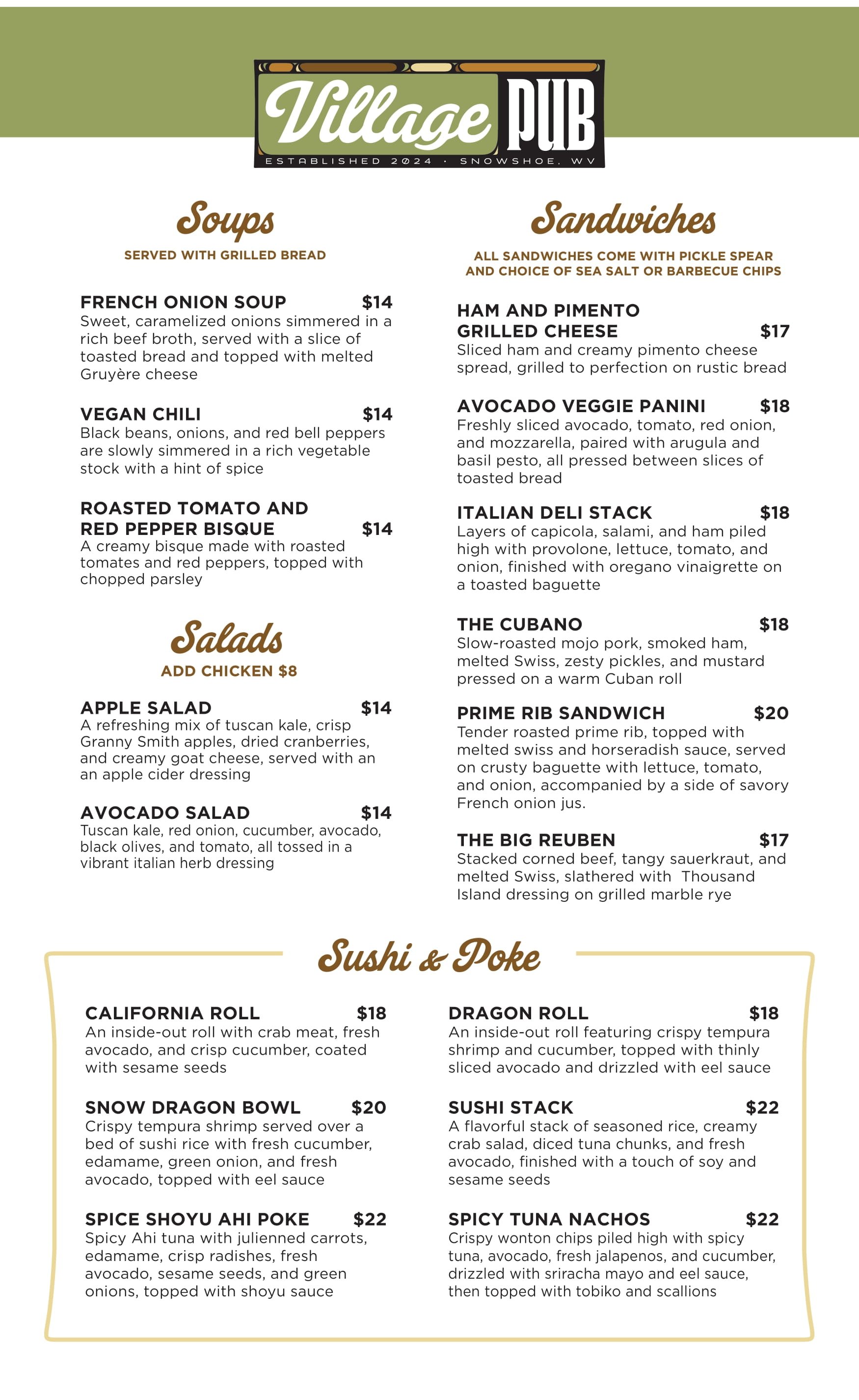 Dinner menu from the Village Pub at Snowshoe Mountain