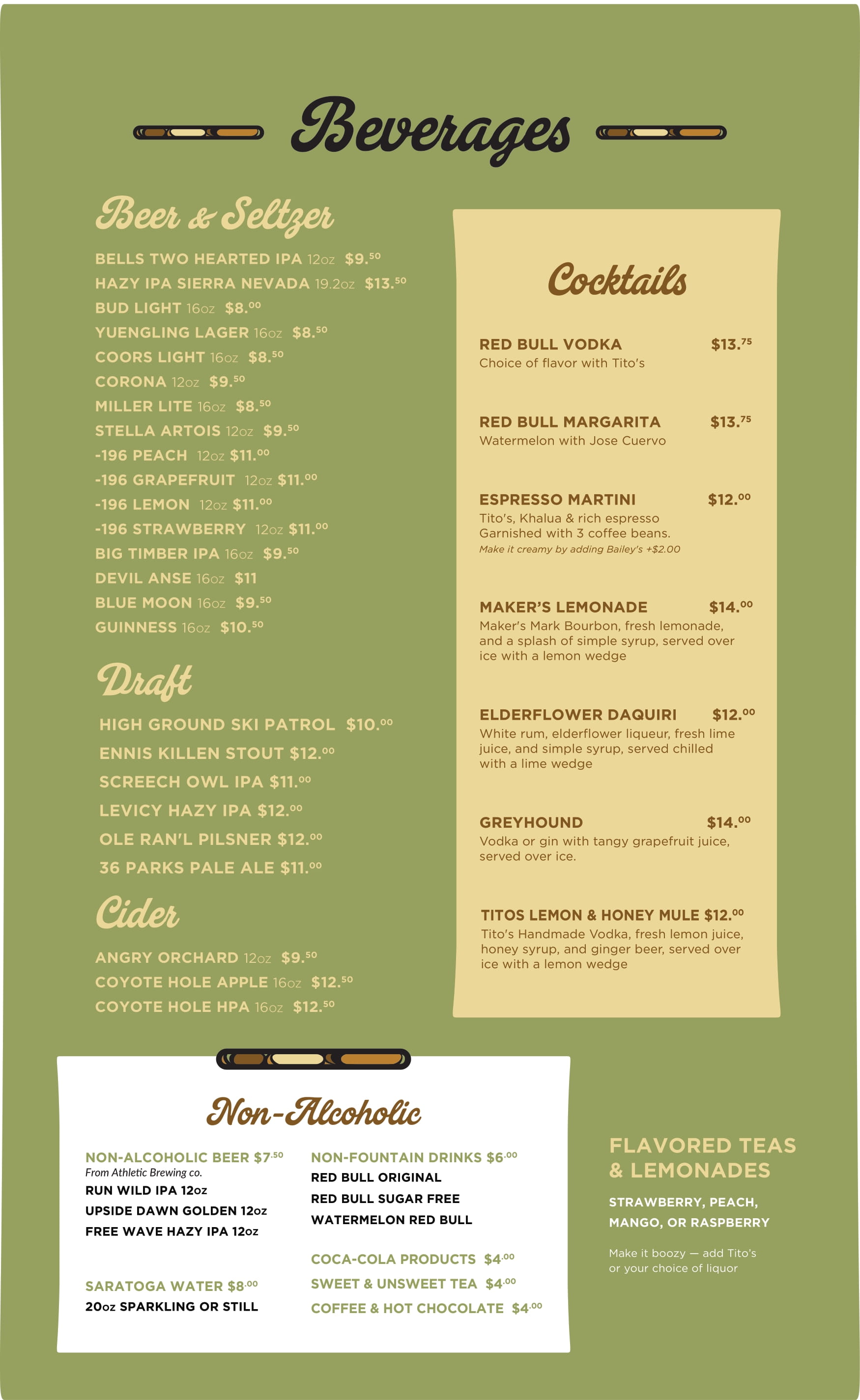 Drink menu from the Village Pub at Snowshoe Mountain