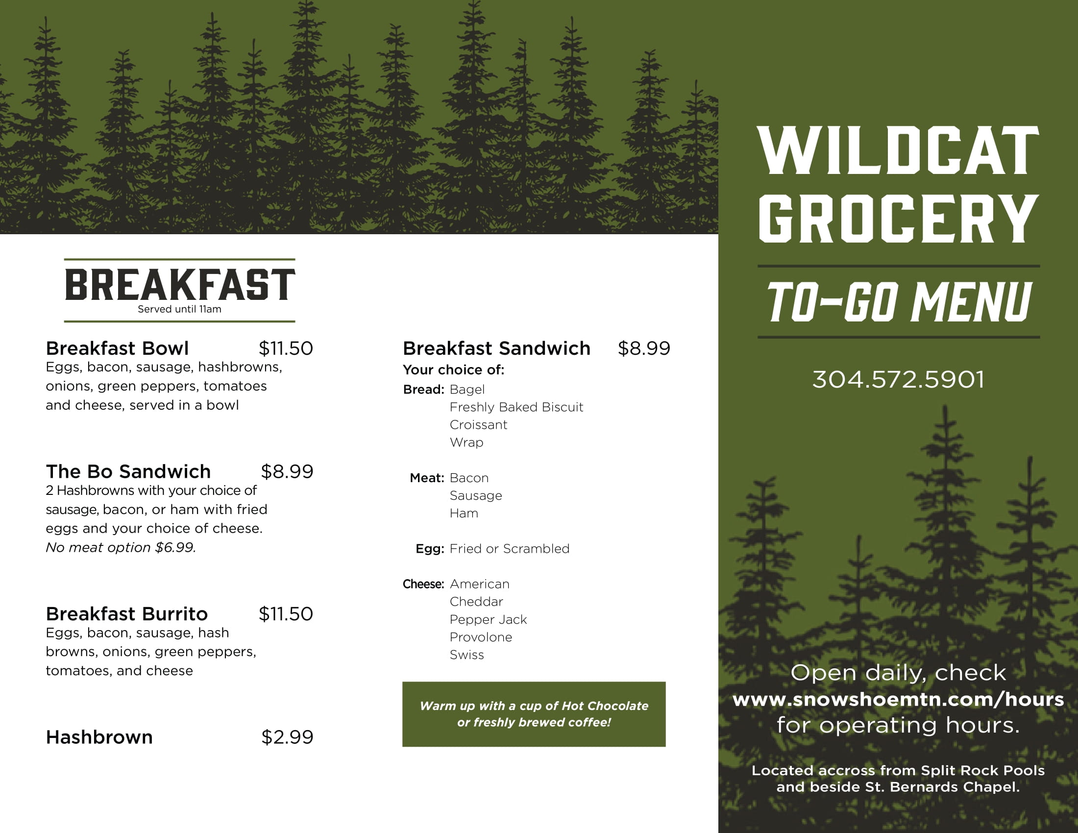 Wildcat Grocery breakfast menu | Snowshoe Mountain