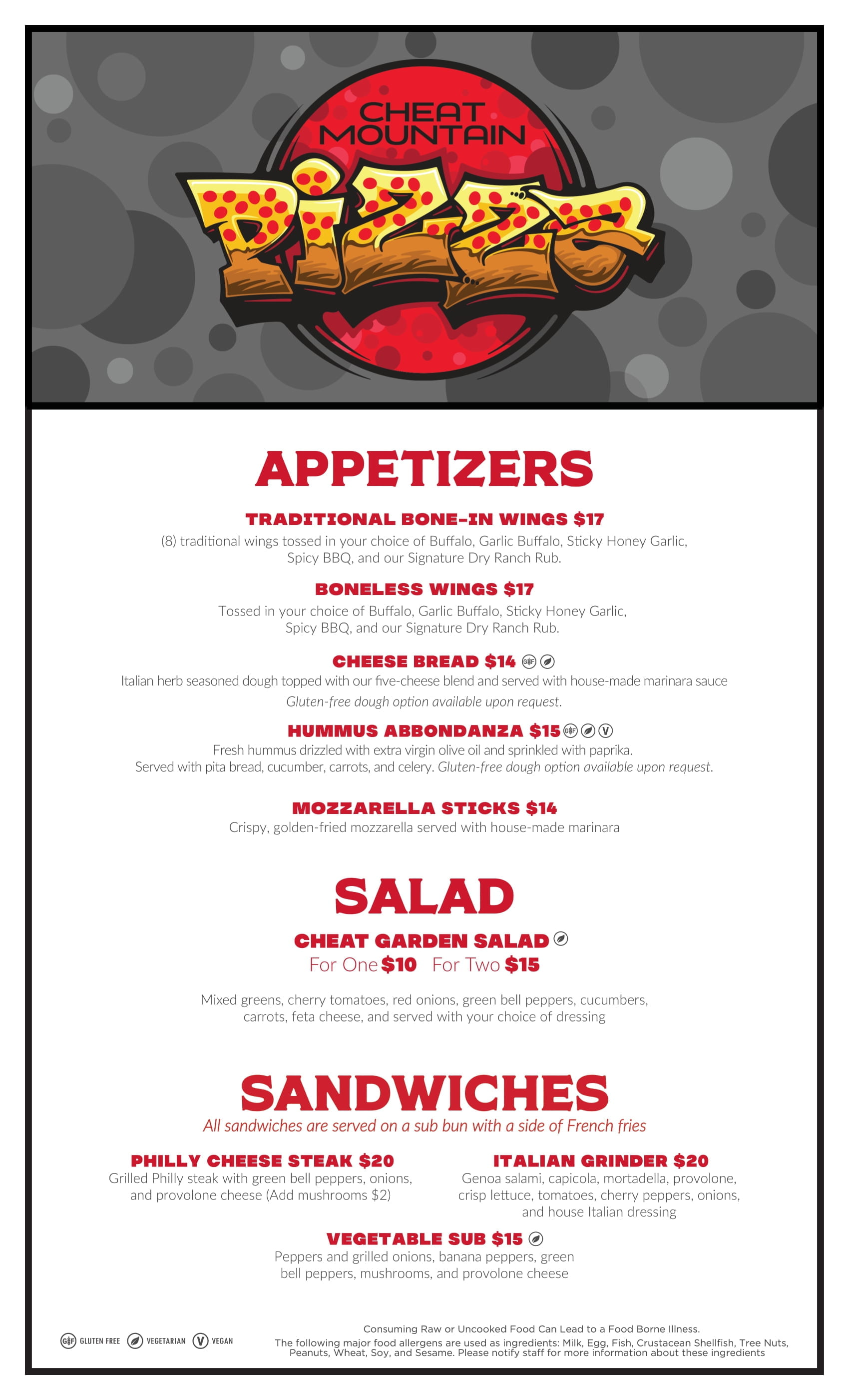 Cheat Mountain Pizza restaurant at Snowshoe appetizer menu