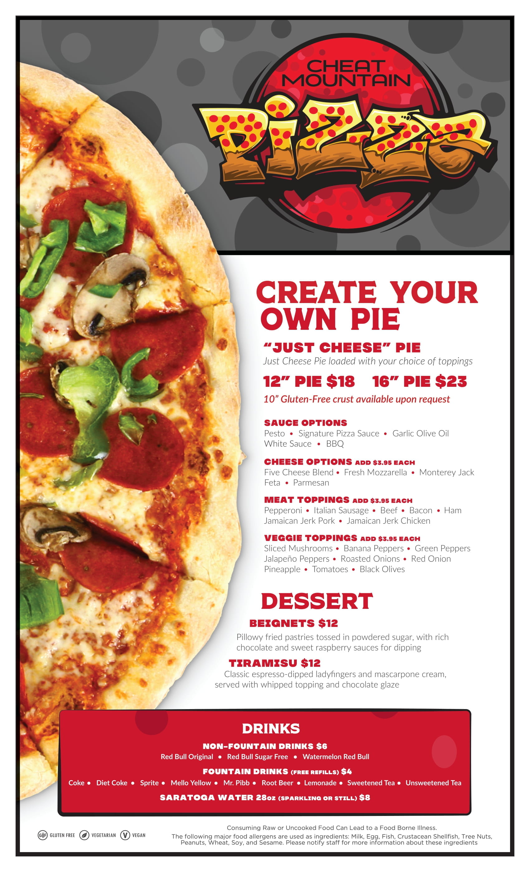 Cheat Mountain Pizza restaurant at Snowshoe custom pizza menu