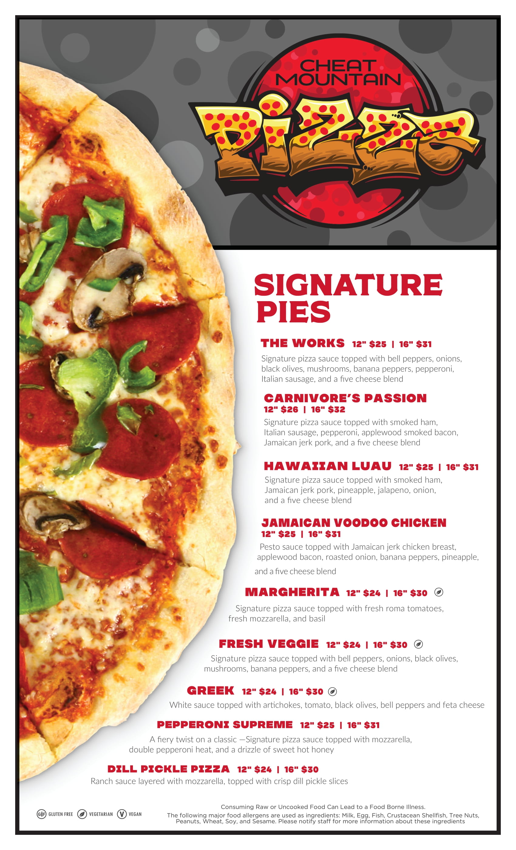 Cheat Mountain Pizza restaurant at Snowshoe Mountain specialty pizza menu