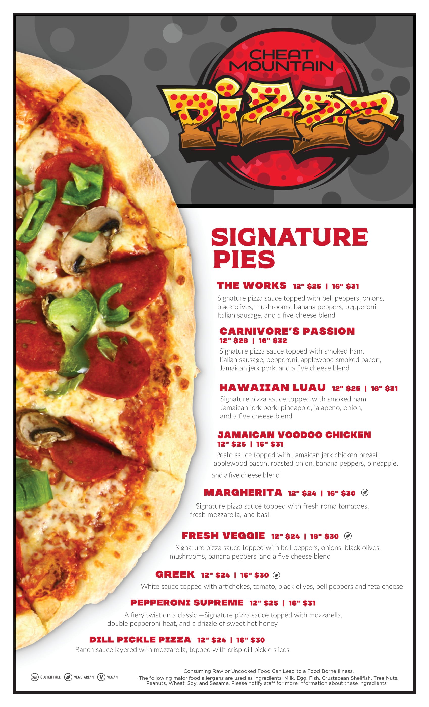 Cheat Mountain Pizza restaurant at Snowshoe Mountain specialty pizza menu