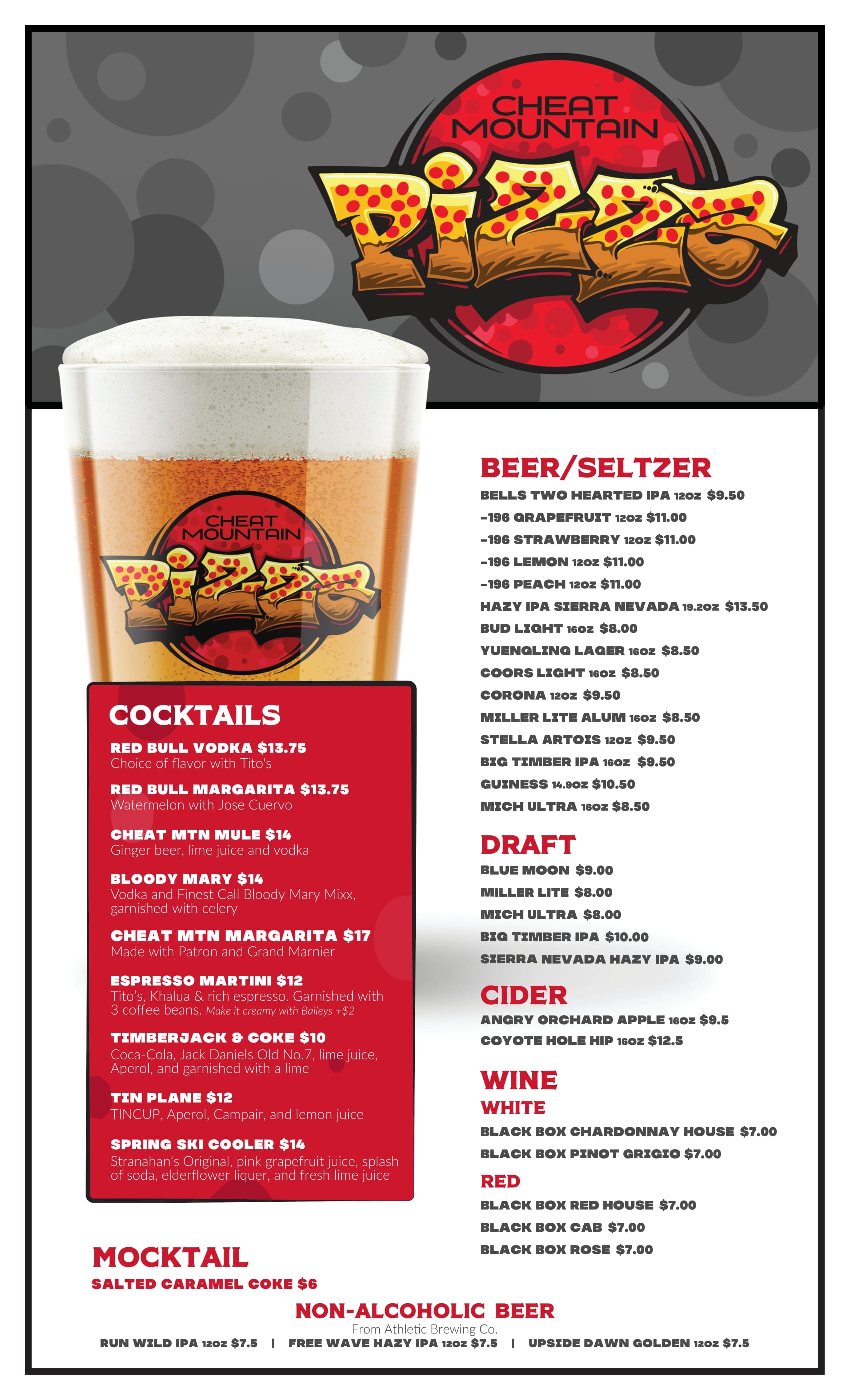 Cheat Mountain Pizza restaurant at Snowshoe Mountain drink menu