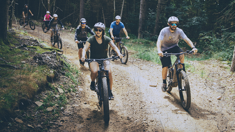 A group Mountain Biking at Snowshoe Mountain