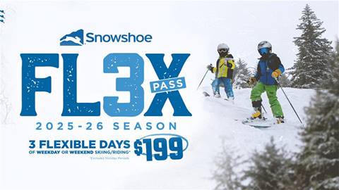 Photo of two skiers promoting the Flex 3 Pass at Snowshoe Mountain