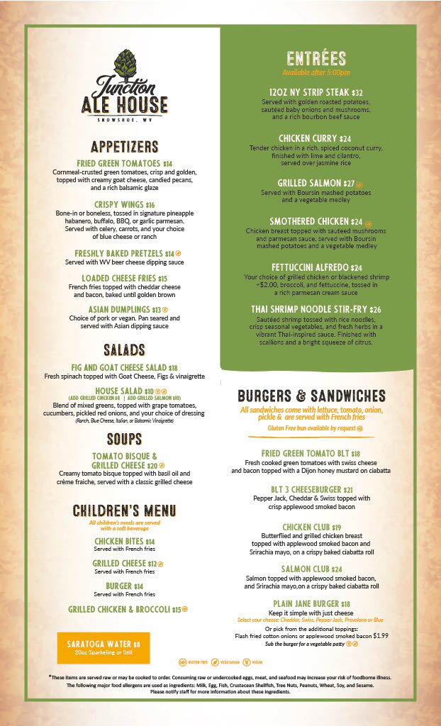 Food menu from Junction Ale House at Snowshoe Mountain