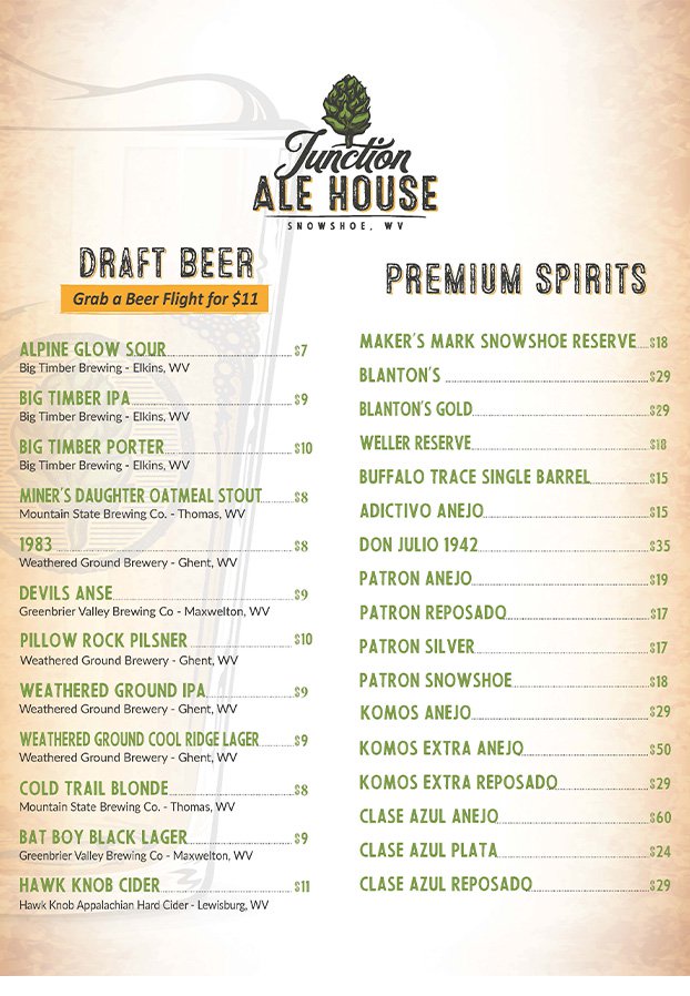 Photo of the Junction Ale House beer menu at Snowshoe Mountain