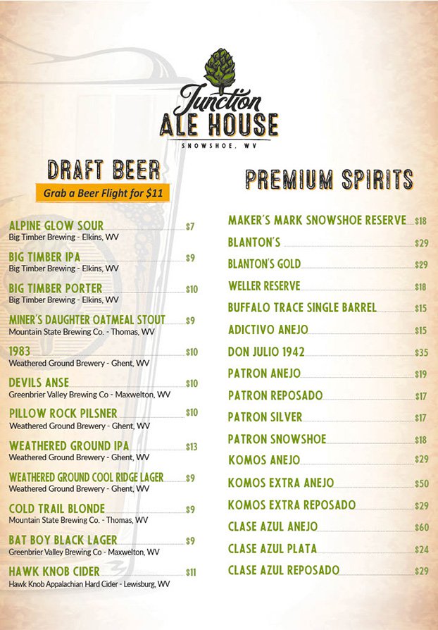 Beer and liquor list from Junction Ale House at Snowshoe Mountain