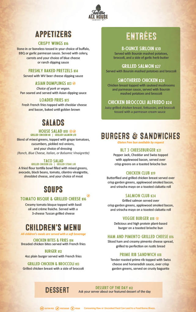 Junction Ale House Dinner Menu | Snowshoe Mountain