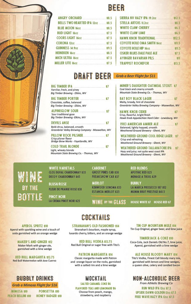 Junction Ale House Drink Menu | Snowshoe Mountain
