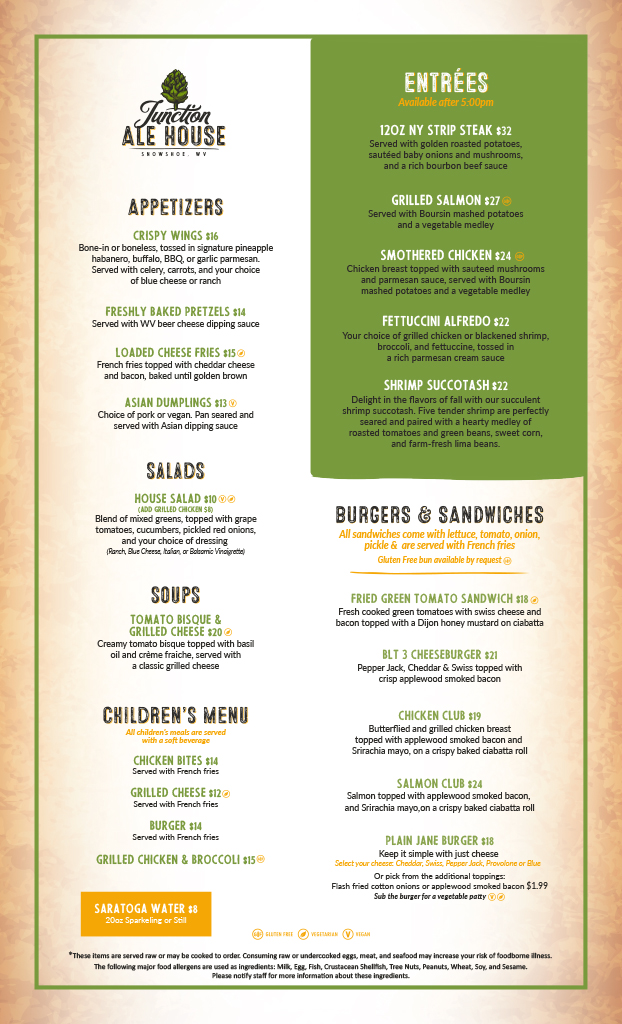 Food menu from Junction Ale House at Snowshoe Mountain