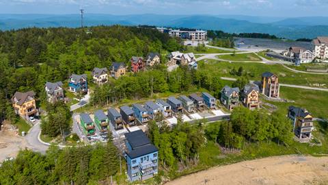 Aerial view of Sanctuary vacation rental homes in a gated community at Snowshoe Mountain