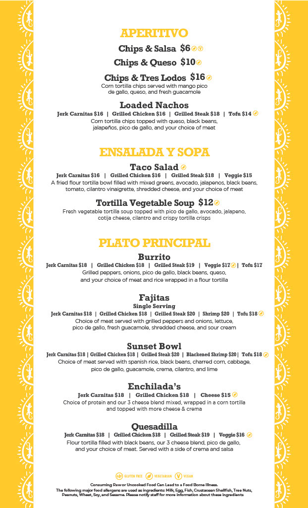 Sunset Cantina restaurant at Snowshoe Mountain Menu