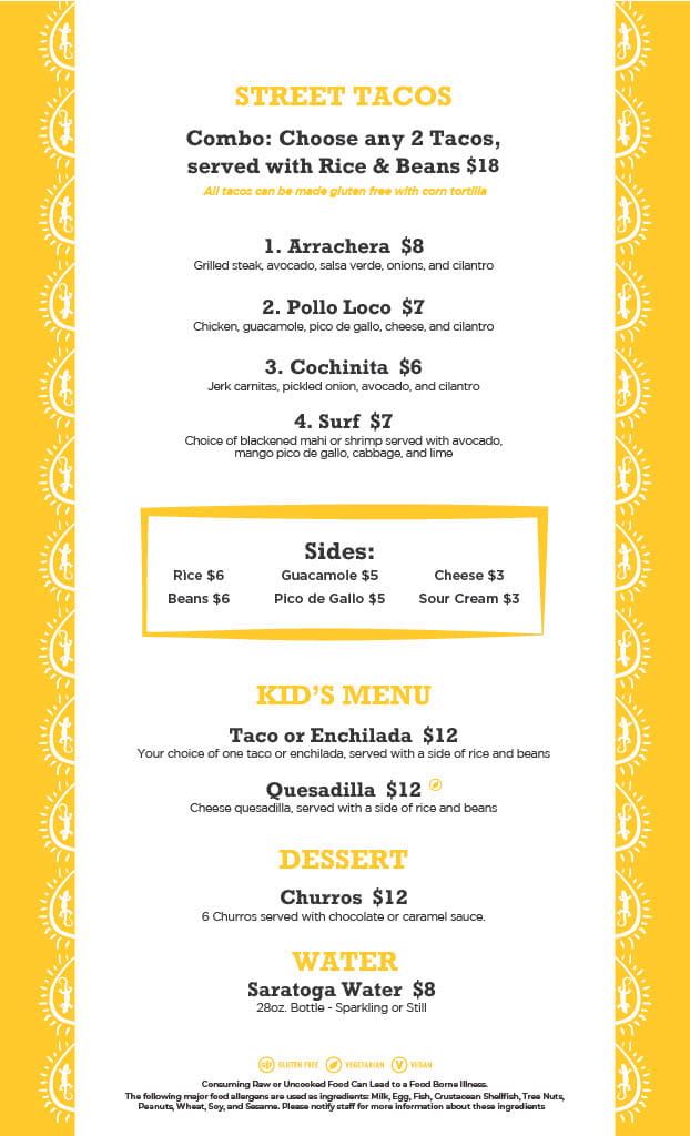 Sunset Cantina Mexican restaurant at Snowshoe Mountain food menu