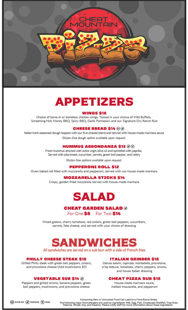 Cheat Mountain Pizza restaurant at Snowshoe appetizer menu