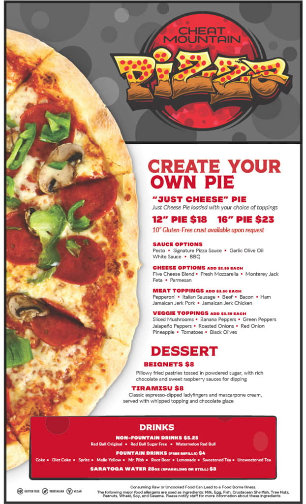 Cheat Mountain Pizza restaurant at Snowshoe custom pizza menu