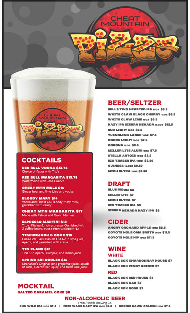 Cheat Mountain Pizza restaurant at Snowshoe Mountain drink menu