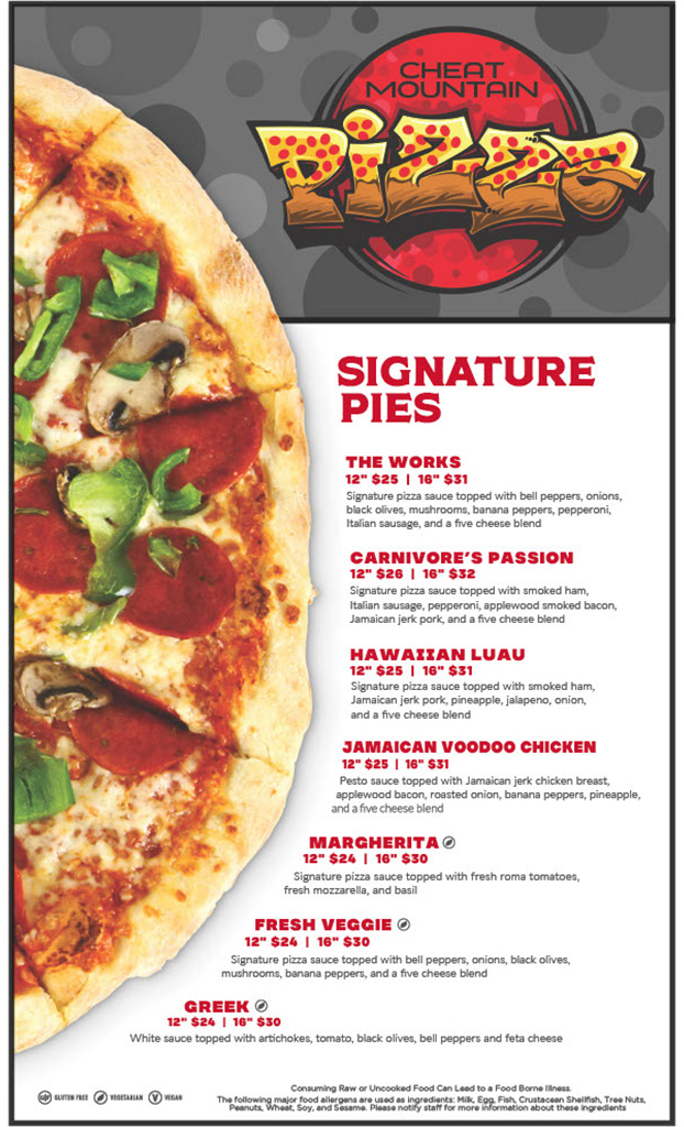 Cheat Mountain Pizza restaurant at Snowshoe Mountain specialty pizza menu
