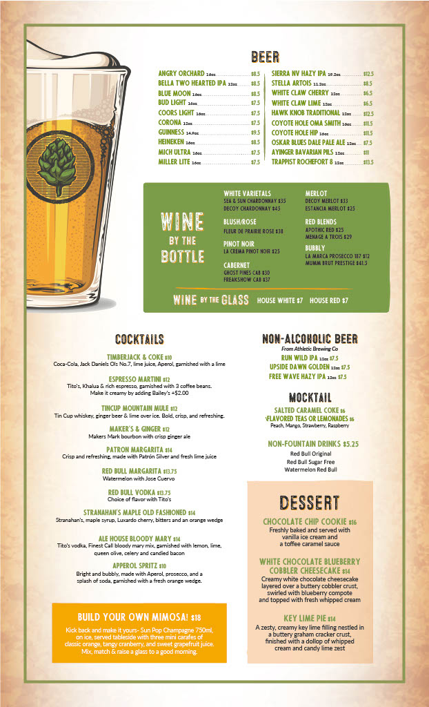 Junction Ale House restaurant at Snowshoe Mountain drink menu