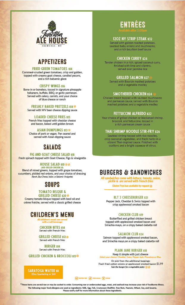 Junction Ale House restaurant at Snowshoe Mountain food menu