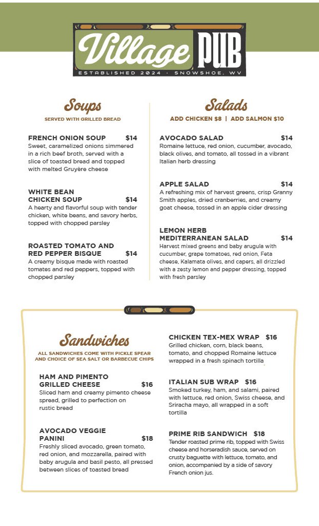 Village Pub restaurant at Snowshoe Mountain food menu
