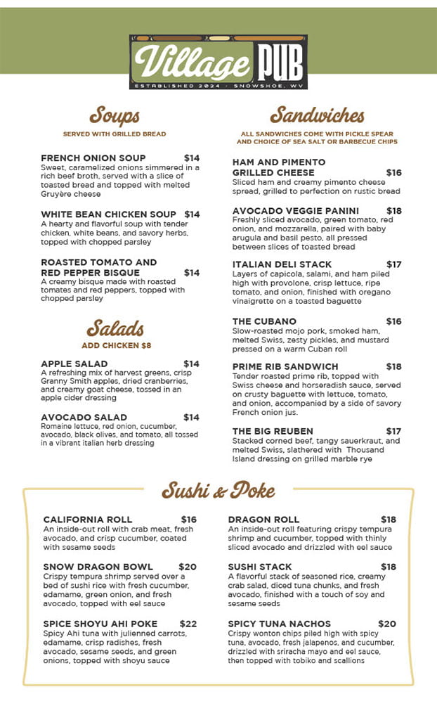 Dinner menu from the Village Pub at Snowshoe Mountain