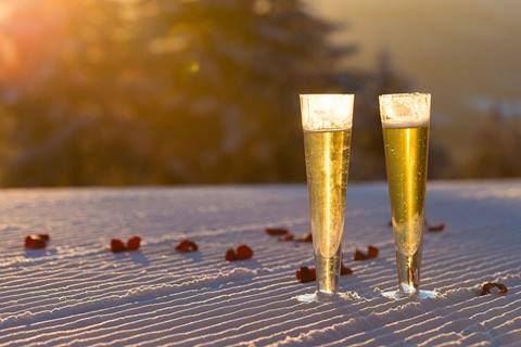 Wedding champagne flutes in the snow