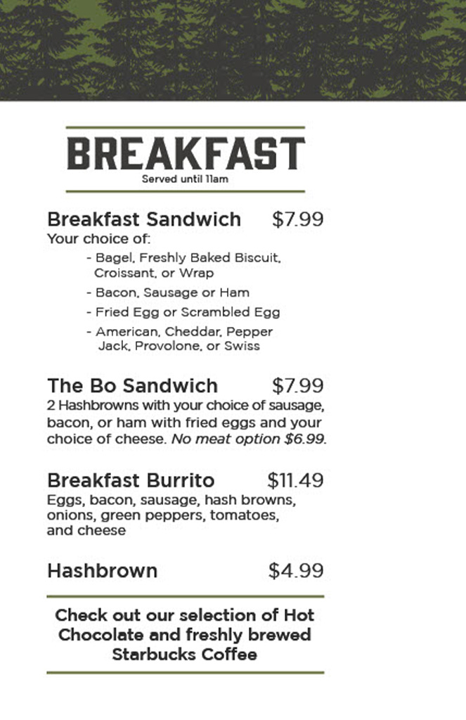 Wildcat Grocery breakfast menu | Snowshoe Mountain