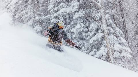 Snowboarder surfing through powder