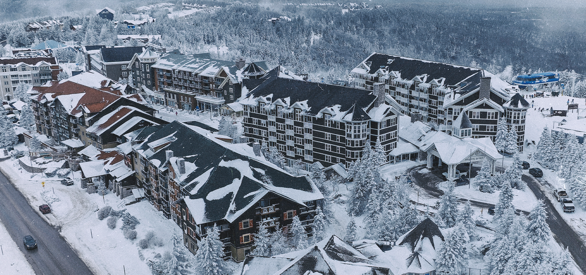 Aerial shot of Snow-covered Lodging at Snowshoe Mountain